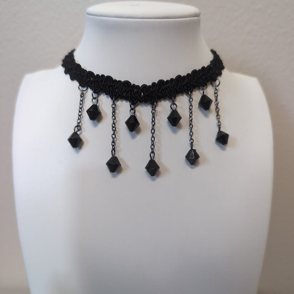 Braided Ribbon Choker Necklace With Beaded Charms